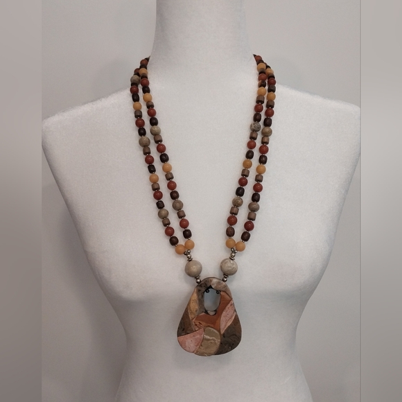 Vintage Stone and Wood Beaded Necklace Geometric Inlay Pendant Neutral Colors - Picture 2 of 16